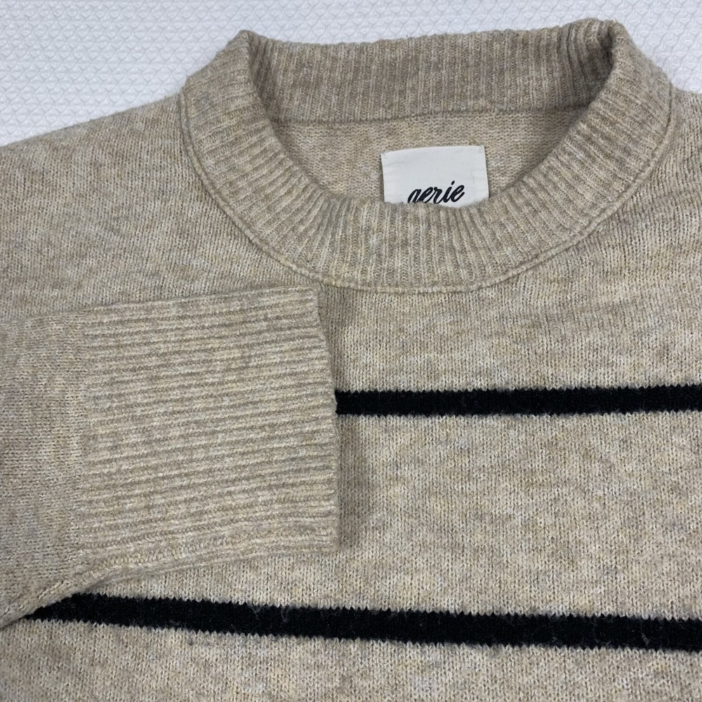 Aerie Oversized Sweater Women’s Small Petite Crew Beige Black Striped Cozy